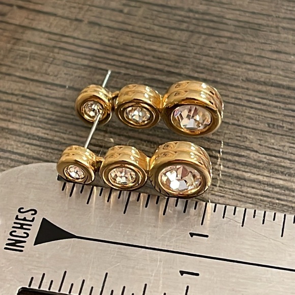Vintage Swarovski Crystal Three Stone Drop Earrings, Gold-tone - Picture 8 of 16